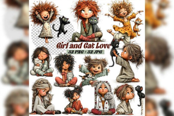 Download Whimsical Girl &amp; Cat Love Clipart Set - Art Collection