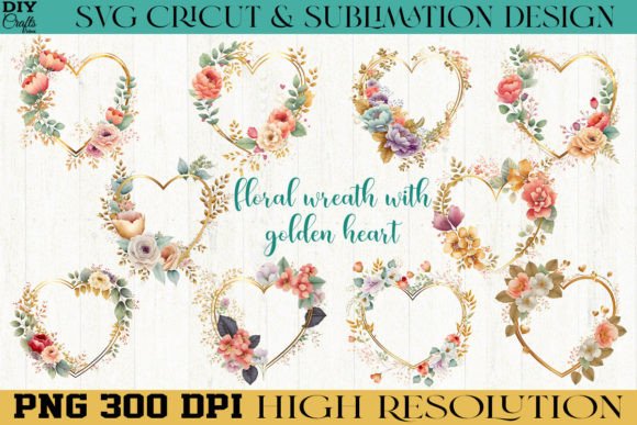 Download Floral Wreath with Golden Heart Bundle - Art Collection