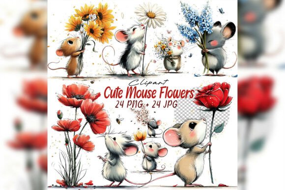 Download Whimsical Mouse &amp; Flower Clipart Set - Art Collection
