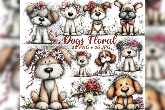 Download Whimsical Floral Dogs Spring Clipart Set - Art Collection